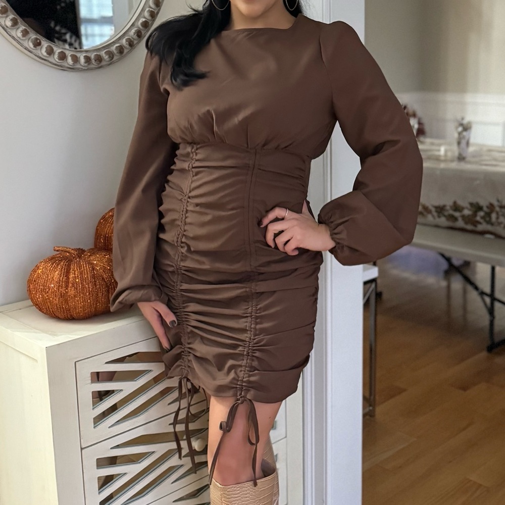 Chocolate Ruched Long Sleeve Dress